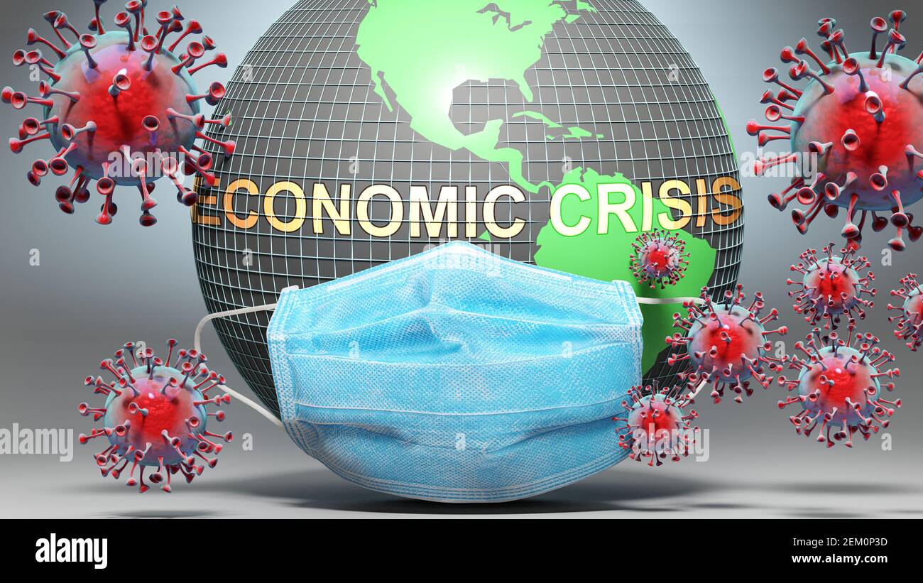 Crisi economica e covid - globo terrestre protetto con a. maschera blu contro l'attacco di virus corona per mostrare la relazione Tra crisi economica e c Foto Stock