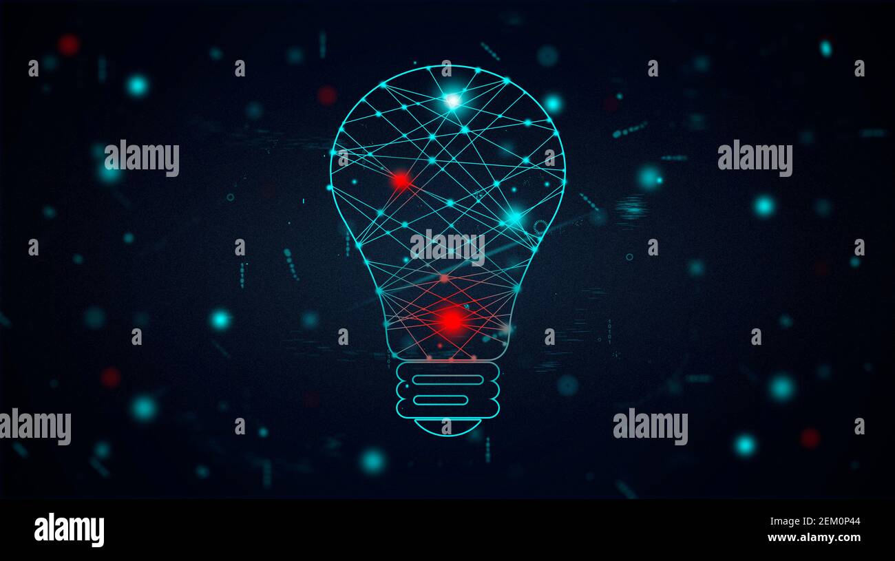 Concetto di connessione e comunicazione con lampadina. Molti punti di illuminazione si collegano insieme all'interno di una lampadina. Futuro, tecnologia Foto Stock