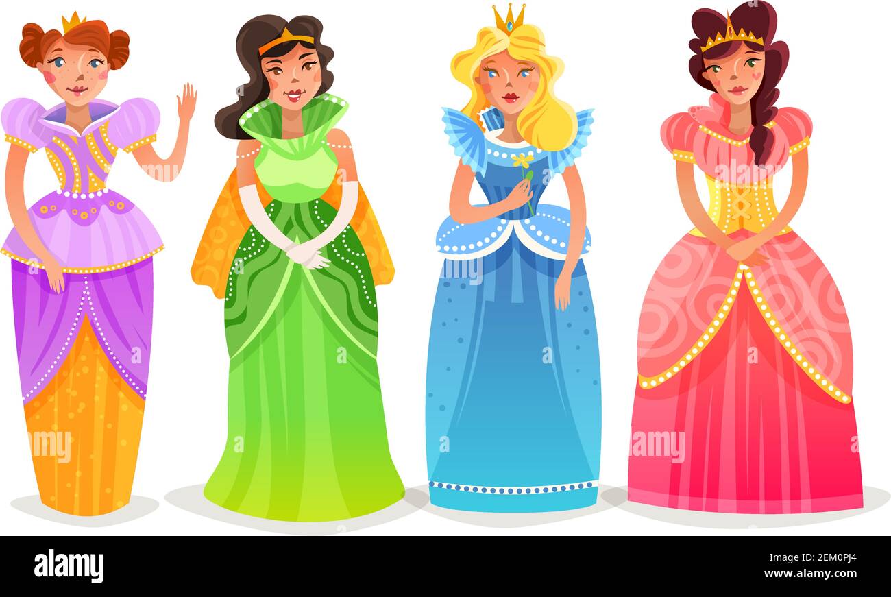 Set di cartoni animati principesse con personaggi femminili in luminoso  colorato elegante abiti e corone isolato illustrazione vettoriale Immagine  e Vettoriale - Alamy