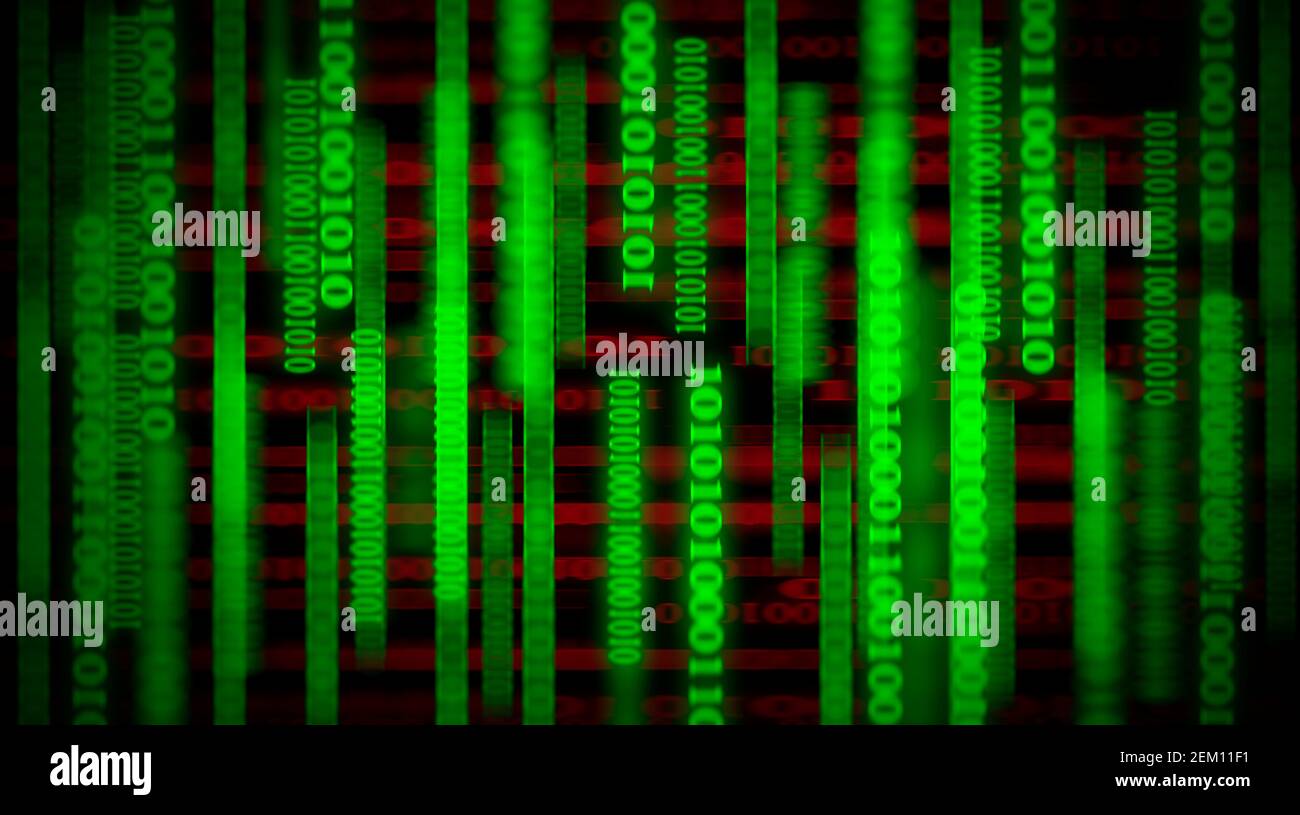 Numeri di sfondo software 1 e 0. Codice digitale binario verde. Programmazione e codifica. Streaming di codice binario. Flusso astratto di codice a matrice binaria Foto Stock