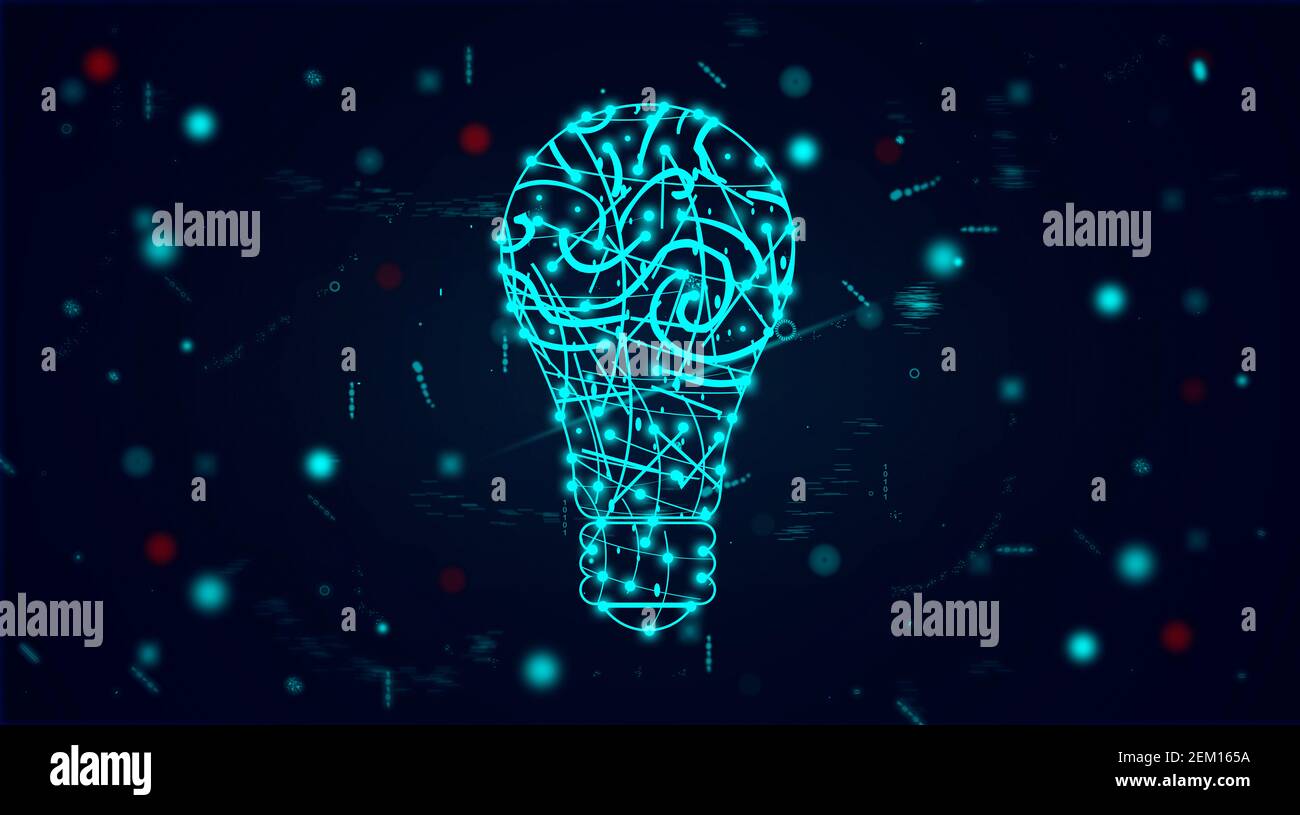 bulbo idea rete virtuale. più punti di brillamento connessi con linee curve. tecnologia di connessione e concetto di rete Foto Stock