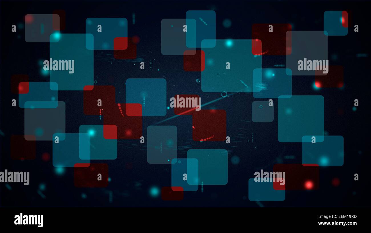 Sfondo astratto con quadrati geometrici, illustrazione futuristica con quadrato rosso blu abd, concetto di tecnologia e futuro. Puntini luminosi Foto Stock