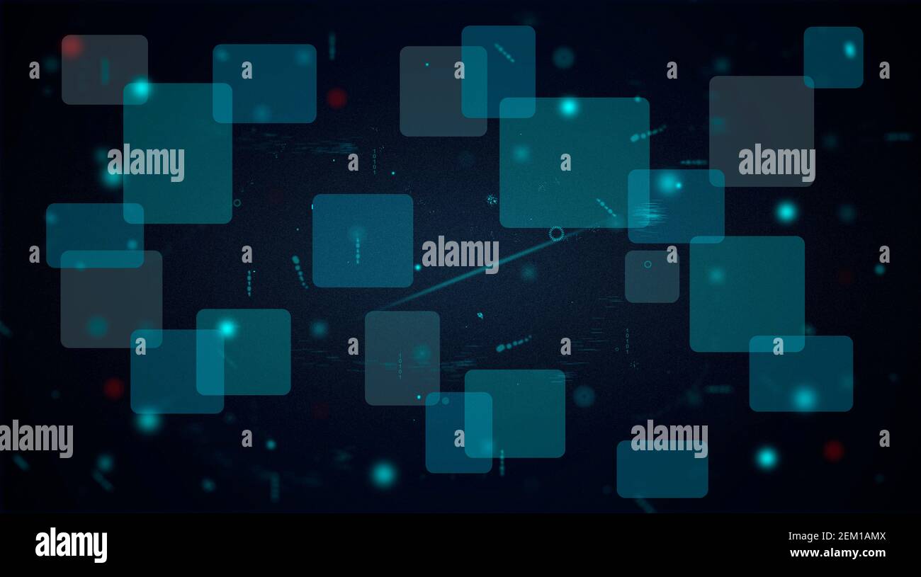 quadrato turchese blu su sfondo futuristico. illustrazione di astratto tecnologico. particelle spaziali con sfocatura e polveri. connessione spaziale Foto Stock