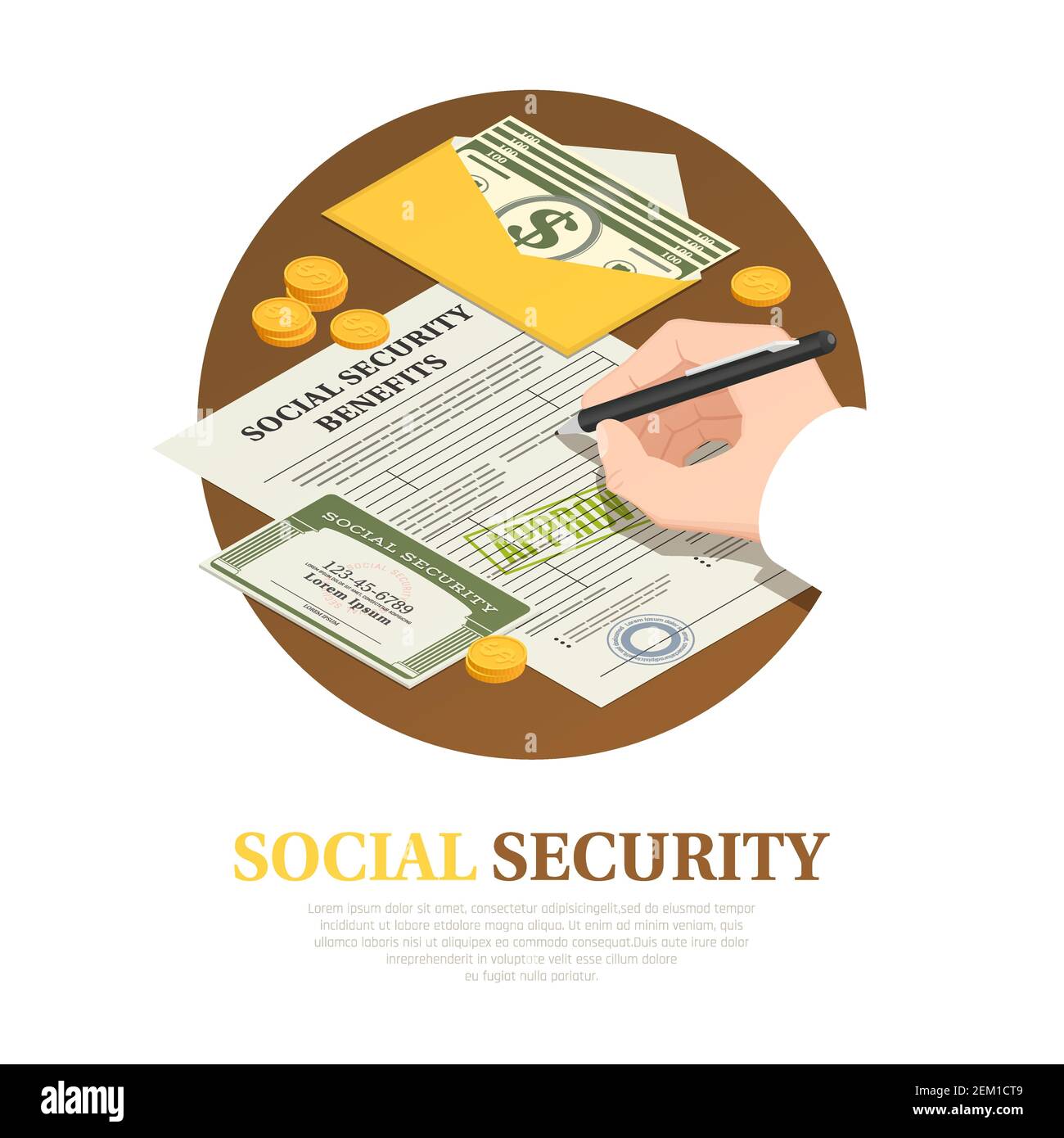 Esecuzione del documento per le prestazioni di sicurezza sociale composizione isometrica rotonda con illustrazione del vettore di reddito incondizionato Illustrazione Vettoriale