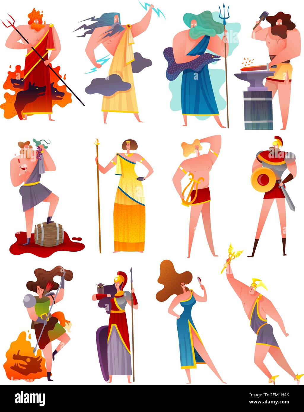 Set di cartoni animati mitologici di famosi divinità e dea della grecia antica così come apollo poseidon artemis athena demeter jupiter vettore piatto illustrazione Illustrazione Vettoriale