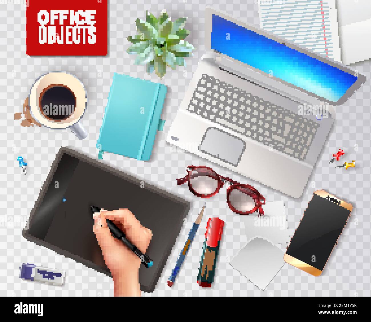 Oggetti da ufficio 3D su sfondo trasparente, inclusi accessori personali, dispositivi elettronici, cancelleria, piante e illustrazioni vettoriali per caffè Illustrazione Vettoriale