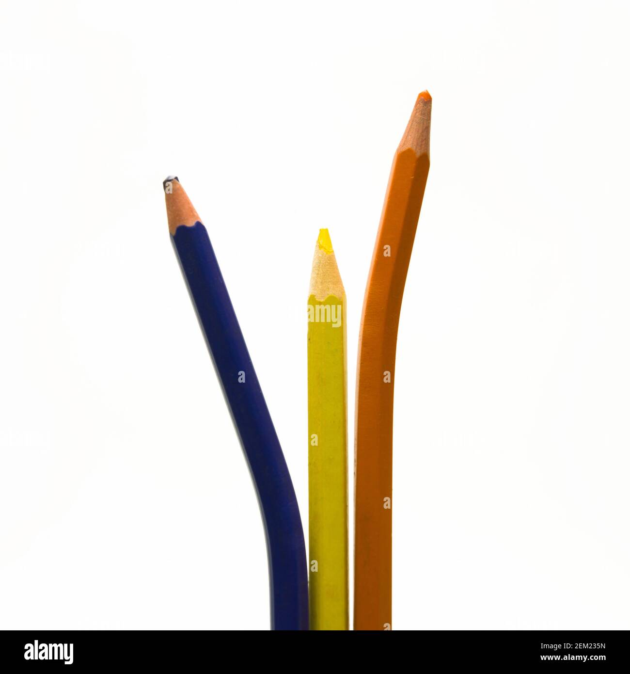 Tre matite colorate disposte artisticamente su un semplice sfondo bianco che mostra i loro punti vibranti per l'ispirazione creativa Foto Stock