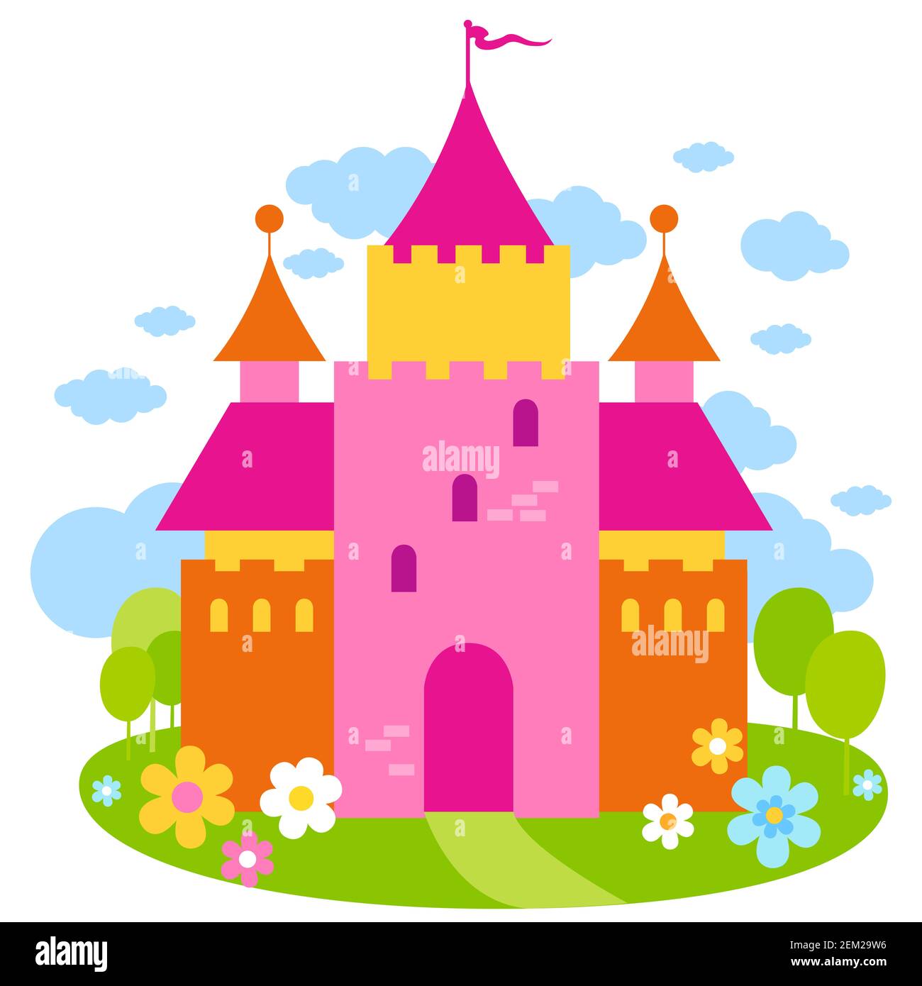 Splendida torre fiabesca in un giardino primaverile. Magico palazzo della principessa rosa sullo sfondo della natura con fiori e alberi. Foto Stock