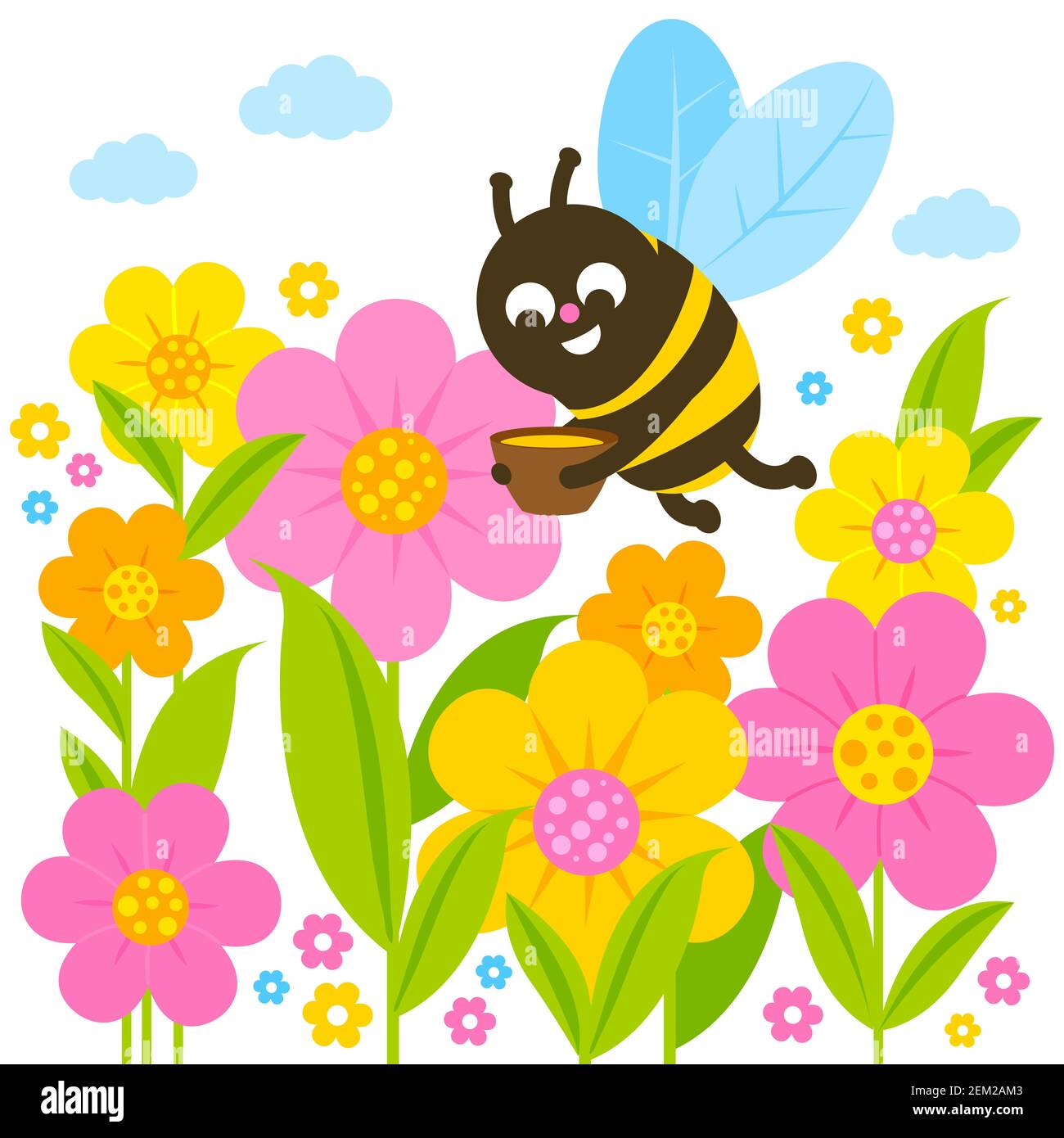 Una graziosa ape che vola intorno ai fiori in giardino in primavera. Cartoni animati che lavorano il personaggio delle api volando e portando un barattolo di miele. Foto Stock