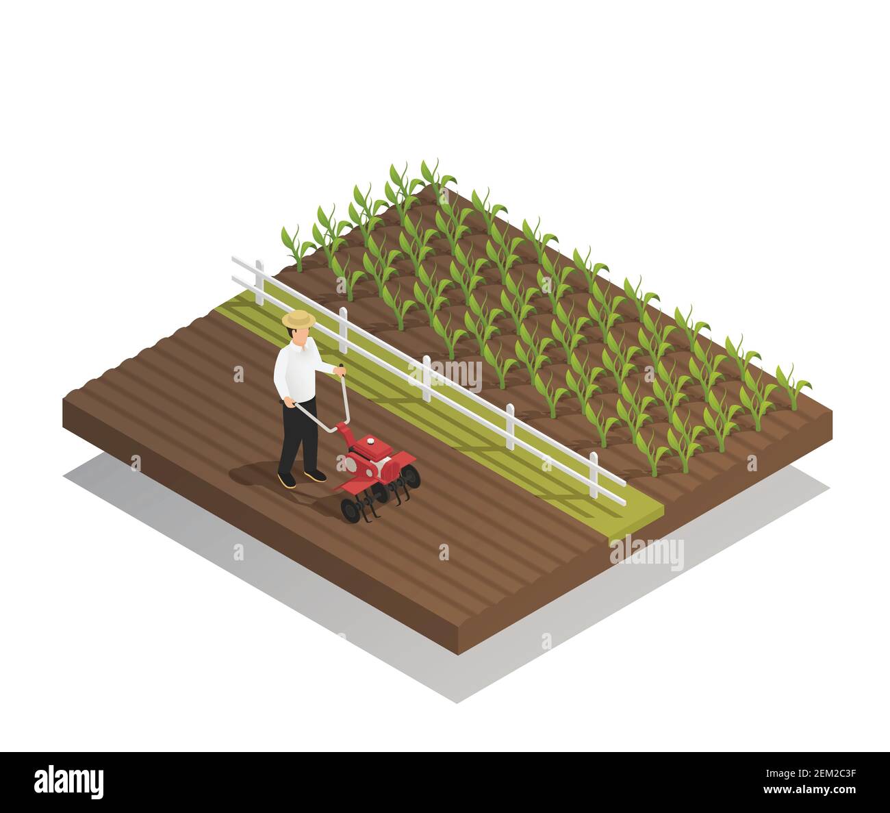 Macchine agricole macchine agricole composizione isometrica con manopola a spinta manuale coltivatore da giardino harrowing e coltivando colture illustrazione vettoriale Illustrazione Vettoriale