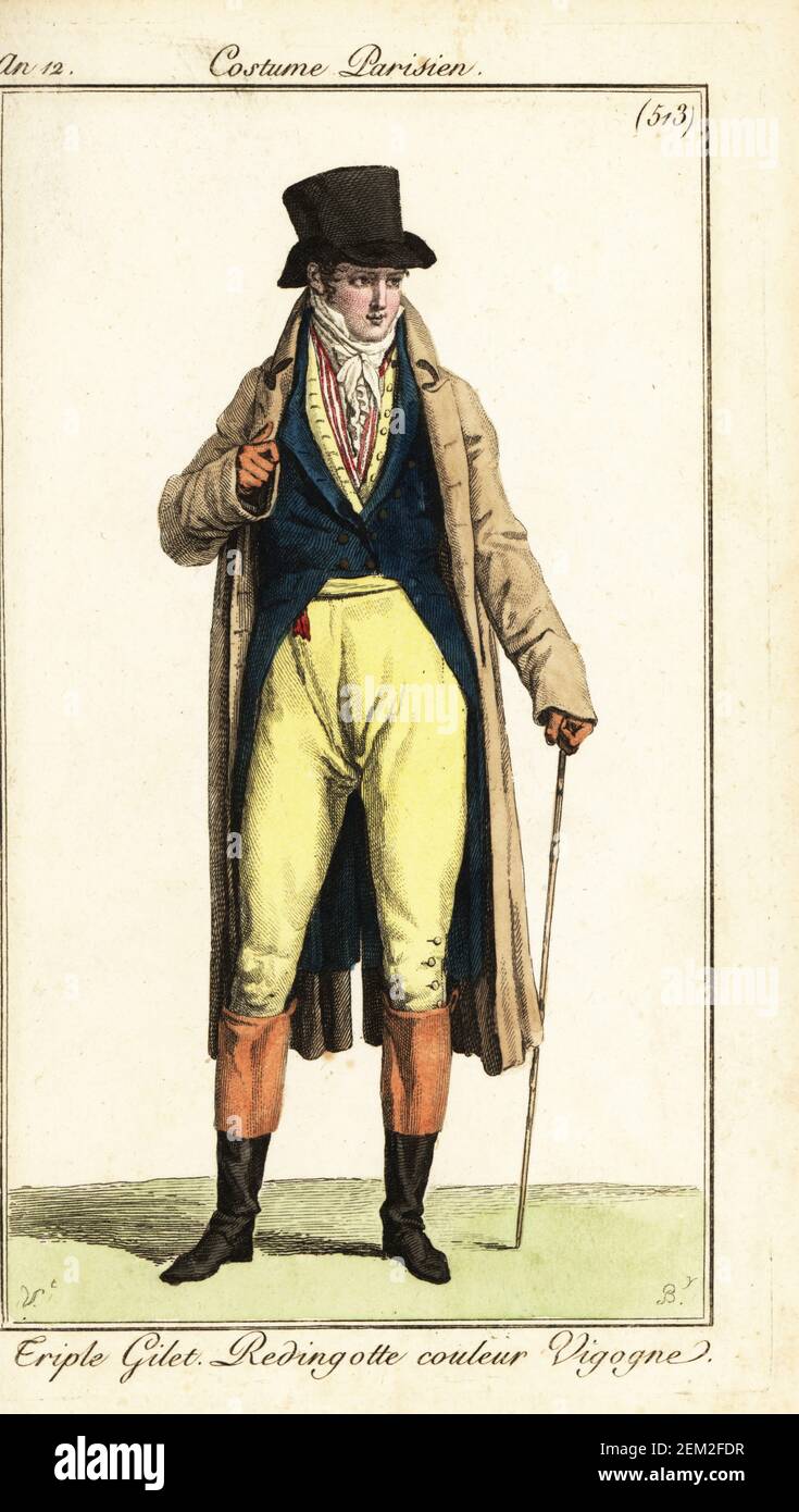 Andy francese in un tre gilet. Indossa un cappotto da cavalcare di colore vicuna, un camice di rana, calzoni gialli e stivali in pelle. Dorato triplo, couleur rosso Vigogne. Incisione a mano su copperplate di Pierre-Charles Baquoy dopo Carle Vernet dal Journal des Dames et des Modes di Pierre de la Mesangere, Magazine of Women and Fashion, Parigi, AN 12, 1804. Foto Stock
