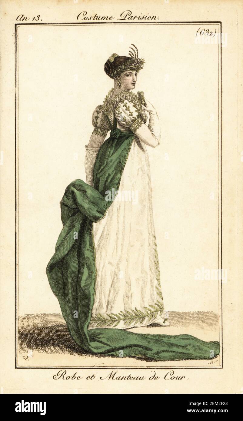 Donna in abito e mantello per la corte di Napoleone. I suoi capelli sono intrecciati e fissati con una ghirlanda, il suo vestito ricamato con fleurs-de-lys. Robe et manteau de cour. Carle Vernet Bacquoy. Incisione a mano su copperplate di Pierre-Charles Baquoy dopo Carle Vernet dal Journal des Dames et des Modes di Pierre de la Mesangere, Magazine of Women and Fashion, Parigi, AN 13, 1804. Foto Stock
