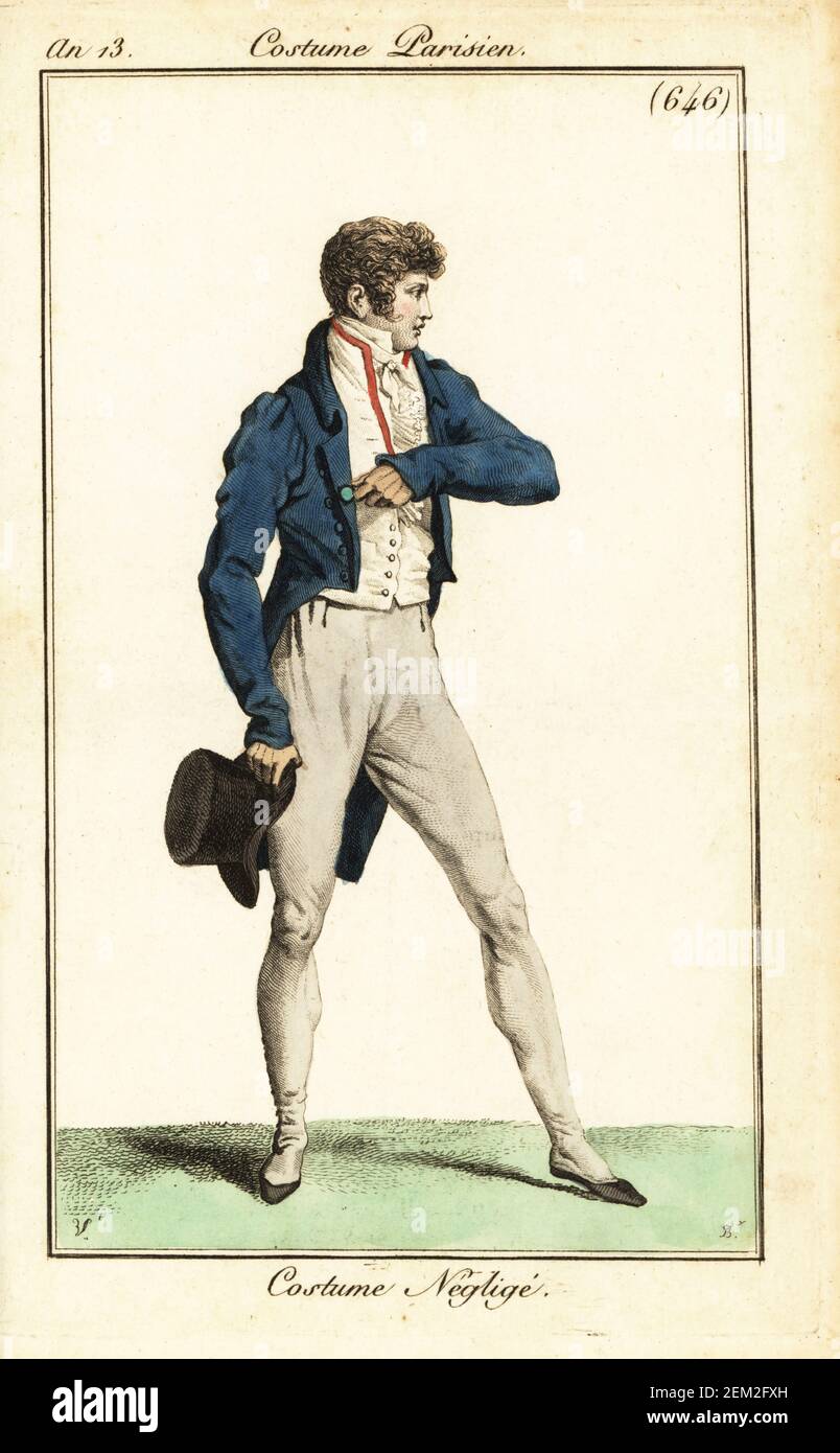 Dandy francese in abito casual, Parigi, 1805. Indossa un camice di rana, un doppio gilet, cravatte, pantaloni, ciabatte e tiene un cappello. Negligenza Costume. Carle Vernet e Bacquoy. Incisione a mano su copperplate di Pierre-Charles Baquoy dopo Carle Vernet dal Journal des Dames et des Modes di Pierre de la Mesangere, Magazine of Women and Fashion, Parigi, AN 13, 1805. Foto Stock