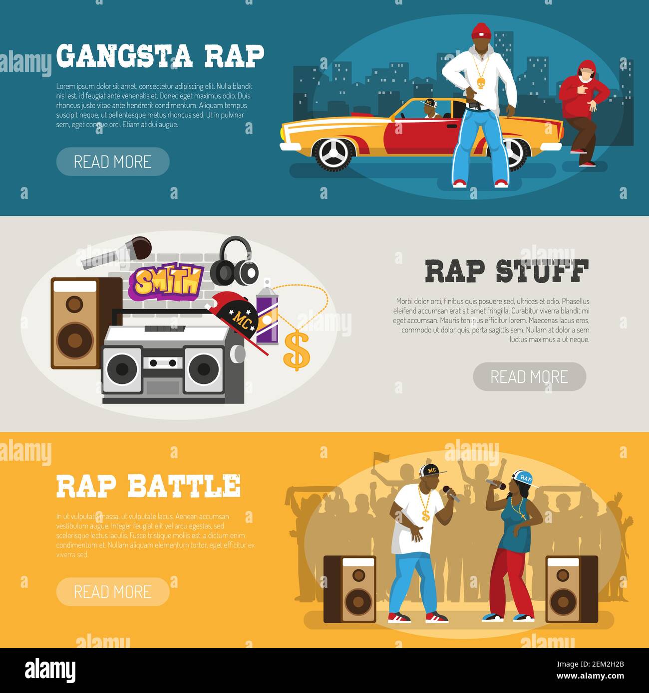 Rap music 3 banner orizzontali piano disegno pagina web con freestyle  cantanti battaglia e retrò accessori illustrazione vettoriale Immagine e  Vettoriale - Alamy