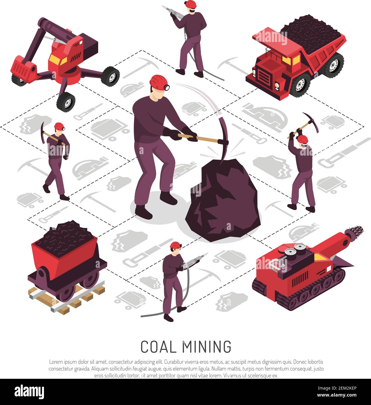 Industria mineraria del carbone lavoratori utensili macchinari e trasporto isometrico impostare su elementi del diagramma di flusso illustrazione vettoriale di sfondo Illustrazione Vettoriale