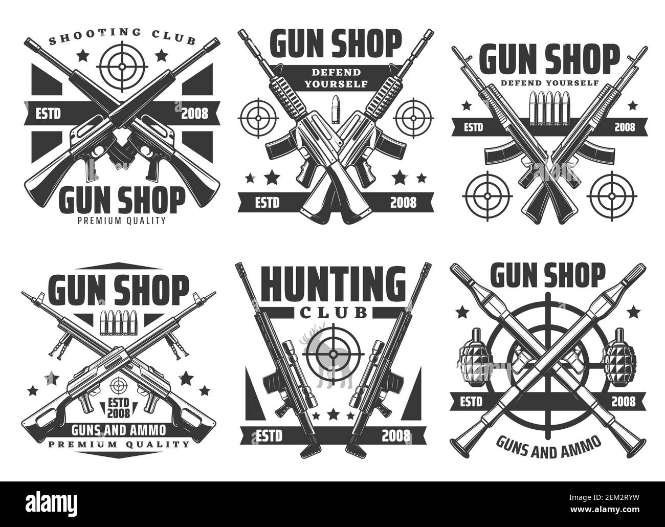 Pistole e fucili acquistano icone, munizioni personali di difesa e munizioni di caccia. Munizioni vettoriali militari o di tiro da addestramento, bullet ri di qualità superiore Illustrazione Vettoriale