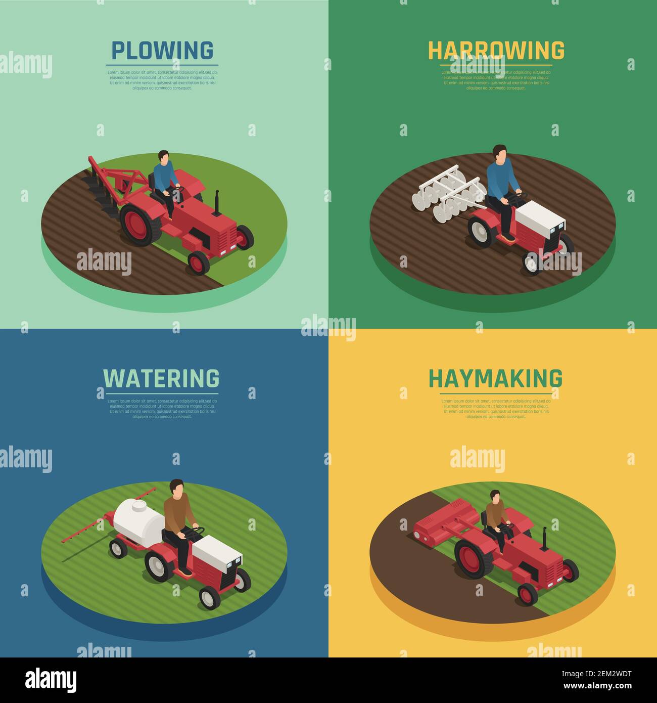 Macchine agricole 4 icone agricole isometriche quadrate con erpice illustrazione vettoriale isolata delle attrezzature di aratura e irrigazione Illustrazione Vettoriale