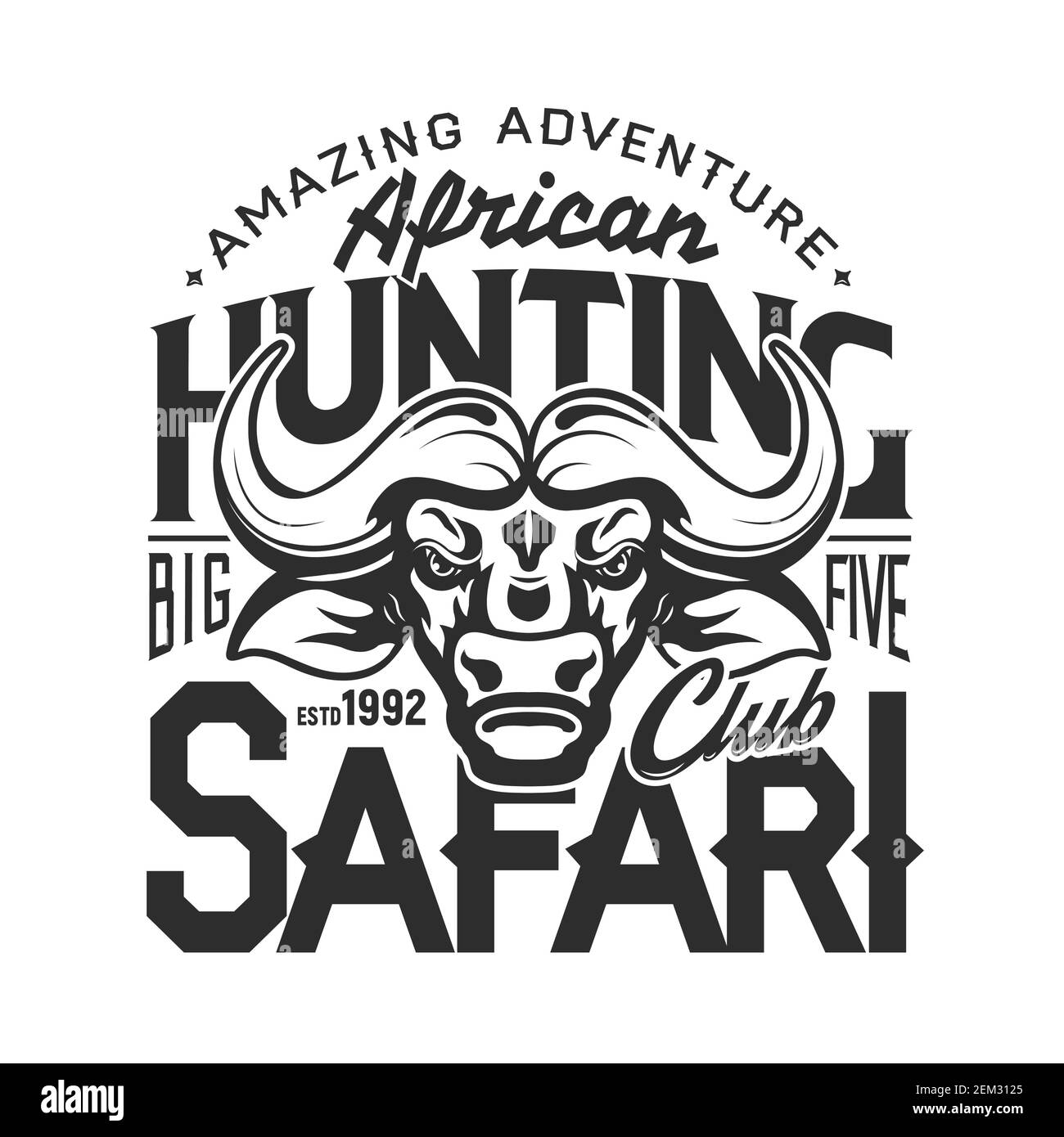 Badge Buffalo Hunter Club, icona African Safari Hunter Open Season e modello di stampa t-shirt. Vector bufalo bull trofeo, caccia animali selvatici incredibile annuncio Illustrazione Vettoriale