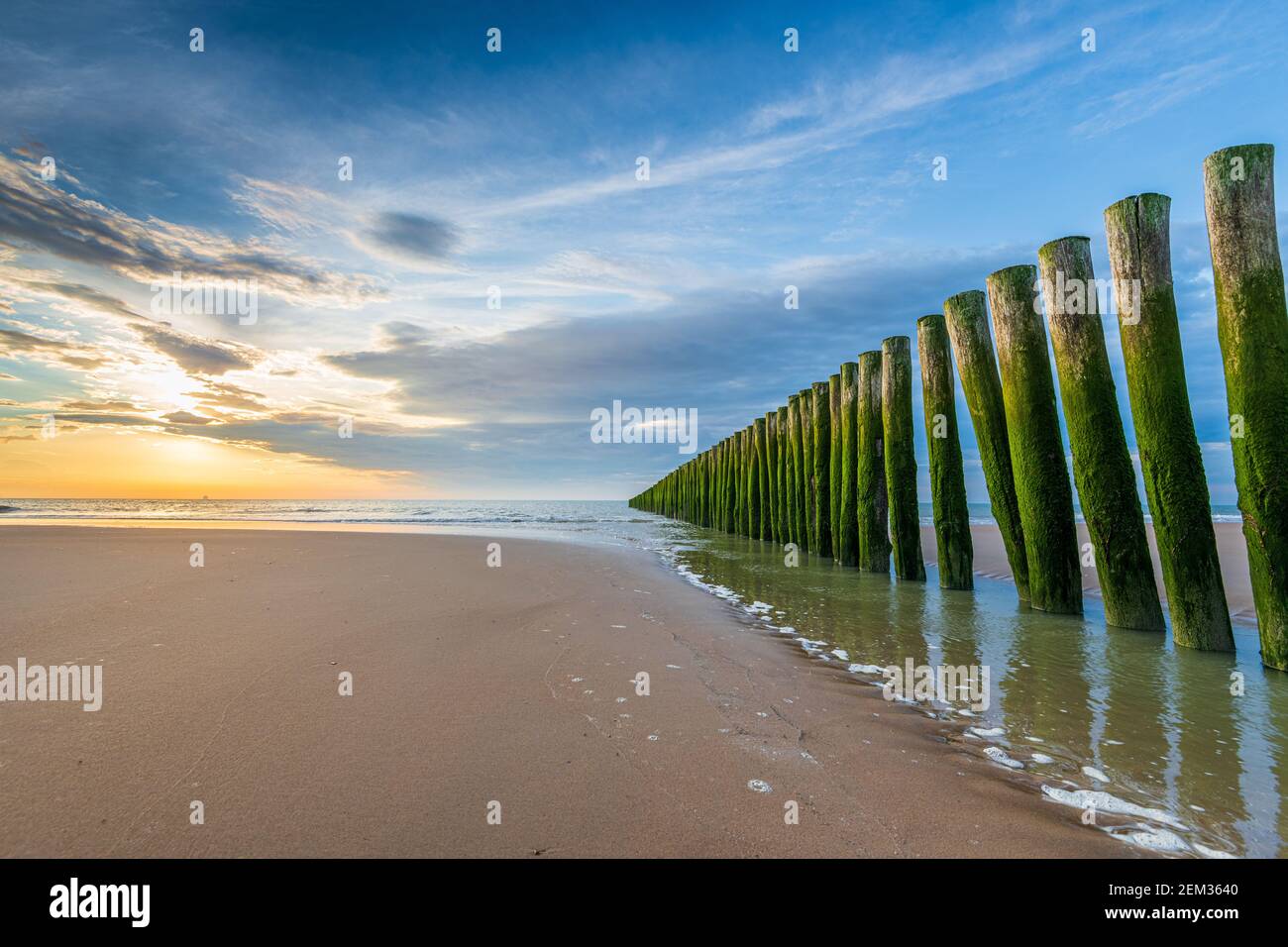 Coucher de soleil sur la plage de Sangatte, Francia, Hauts de France Foto Stock