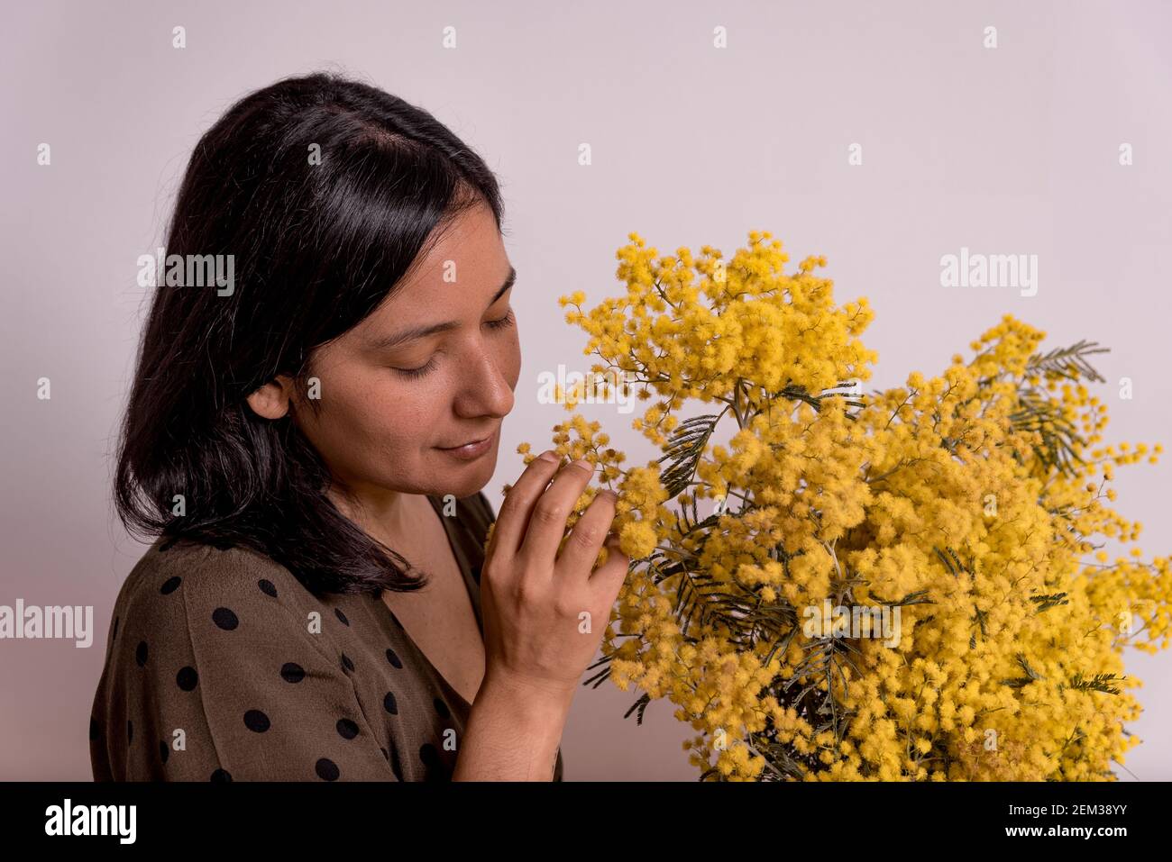 festa del giorno delle donne. ritratto di giovane donna che tocca mimosa fiori gialli bouquet su sfondo bianco con espressione rilassata del viso con clo casual Foto Stock
