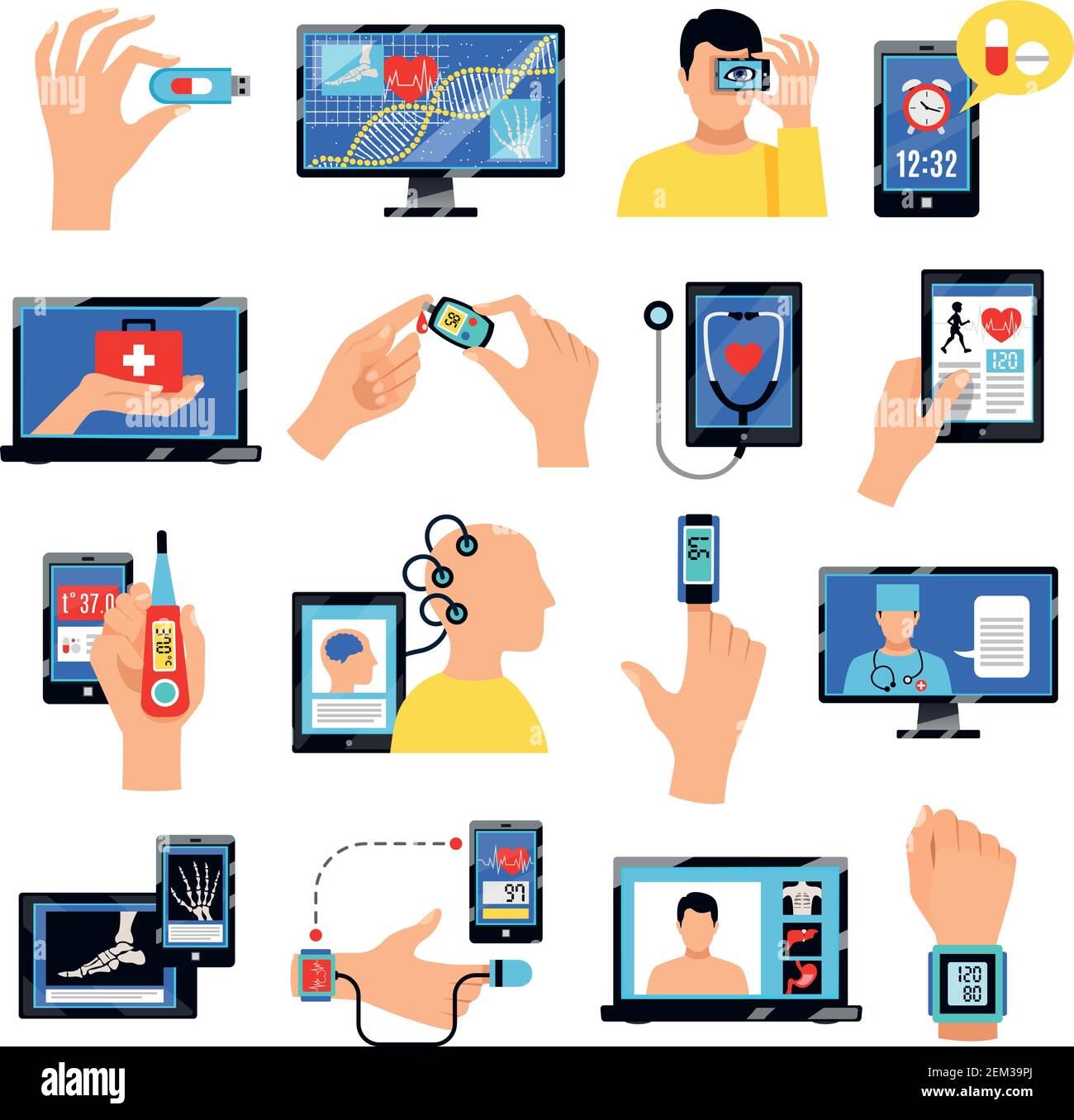 Tecnologia digitale sanitaria innovativa raccolta di icone piatte con dispositivi mobili per la pratica di self-care illustrazione vettoriale isolata Illustrazione Vettoriale