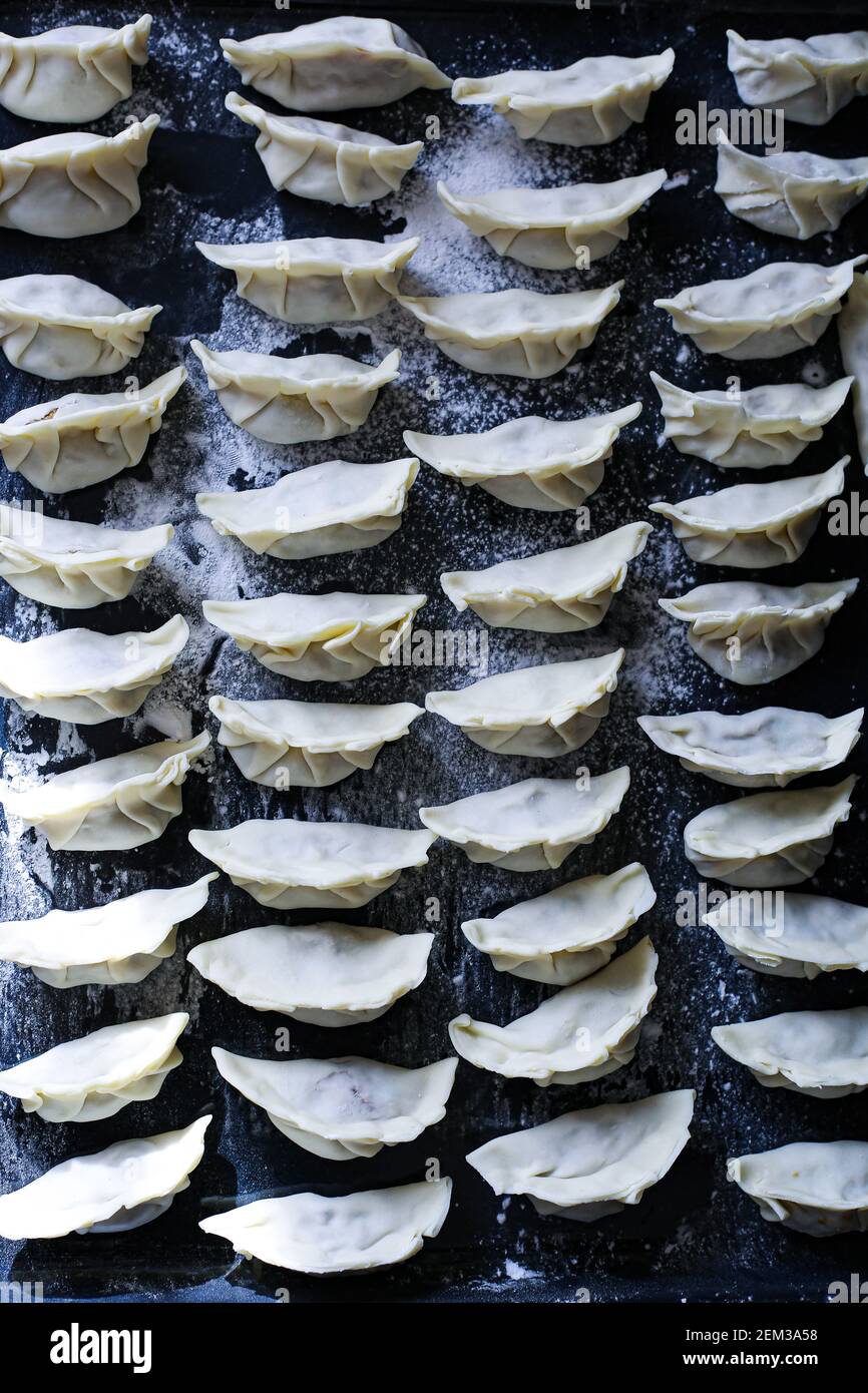 Gnocchi di Gyoza su un vassoio Foto Stock