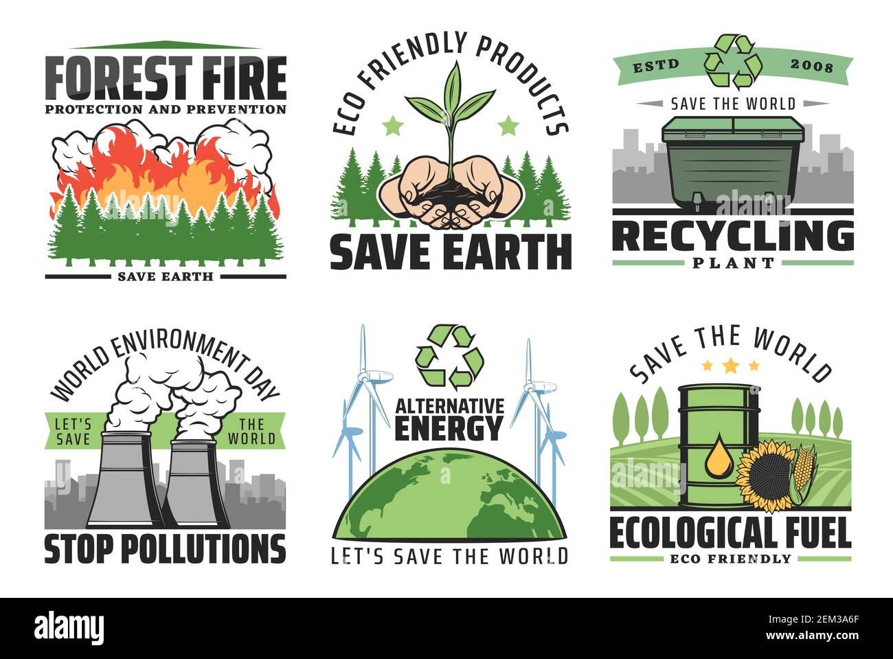 Problemi ecologici, ambiente e salvare le icone vettoriali terra. Protezione forestale e prevenzione degli incendi, prodotti ecologici, impianti di riciclaggio, ambiente Illustrazione Vettoriale