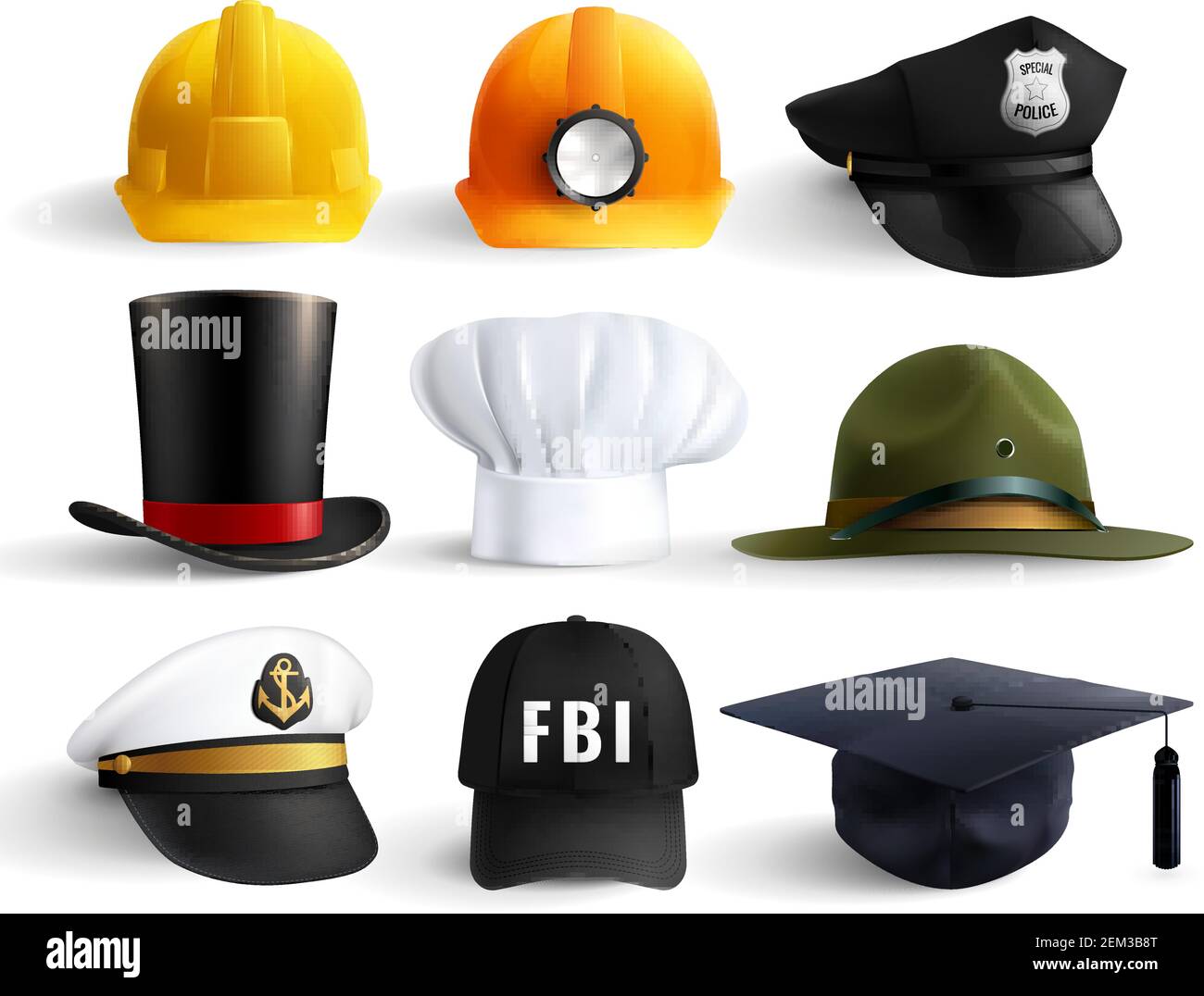 Set di cappelli per diverse professioni con cilindro per casco magister lo  chef fbi e il capo della polizia uniforme isolato vettore illustrazione  Immagine e Vettoriale - Alamy