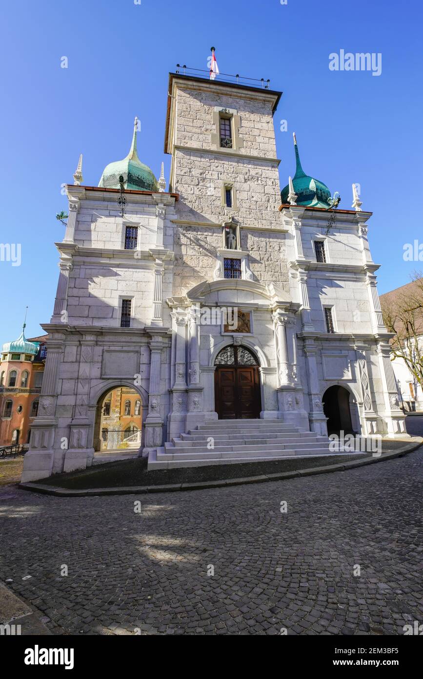 Facciata est del Municipio (Rathaus) Soletta di Barfüssergasse. Cantone Soletta, Svizzera. Foto Stock