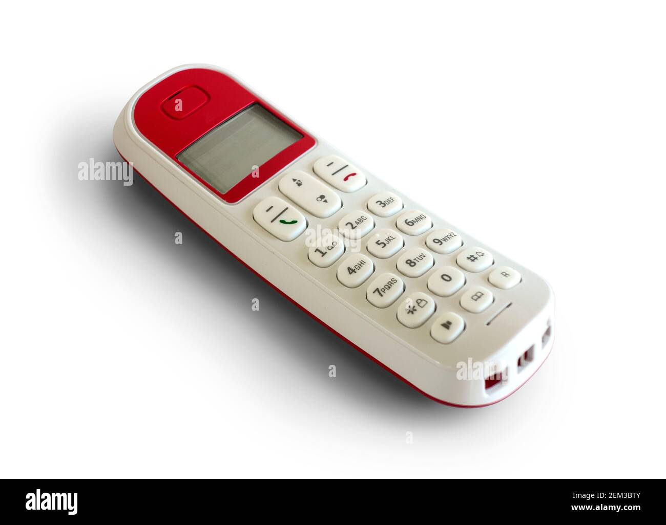 Telefono dect bianco rosso isolato su sfondo bianco Foto Stock