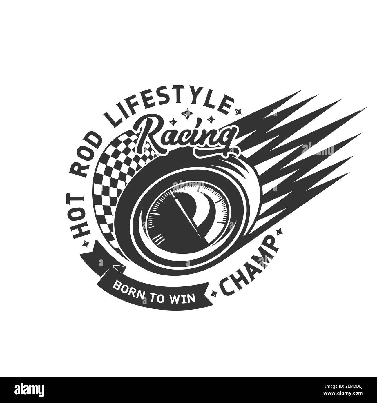 Emblema di gare automobilistiche, campionato di rally e icona di torneo di sport motoristici veloci. Vector Street racing e segno drift club, ruota sportiva con tachimetro, Illustrazione Vettoriale