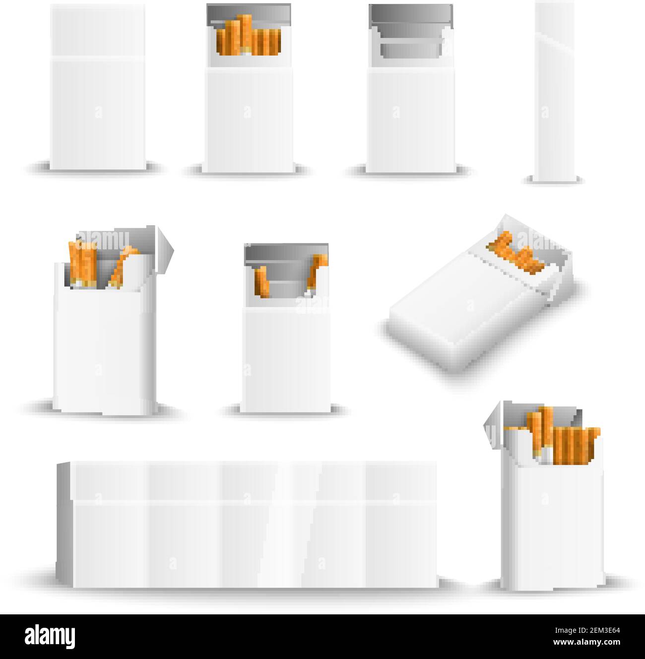 Sigarette bianco confezioni vuote Soft hard vista frontale laterale aperta illustrazione del vettore di set realistico chiuso completamente vuoto Illustrazione Vettoriale