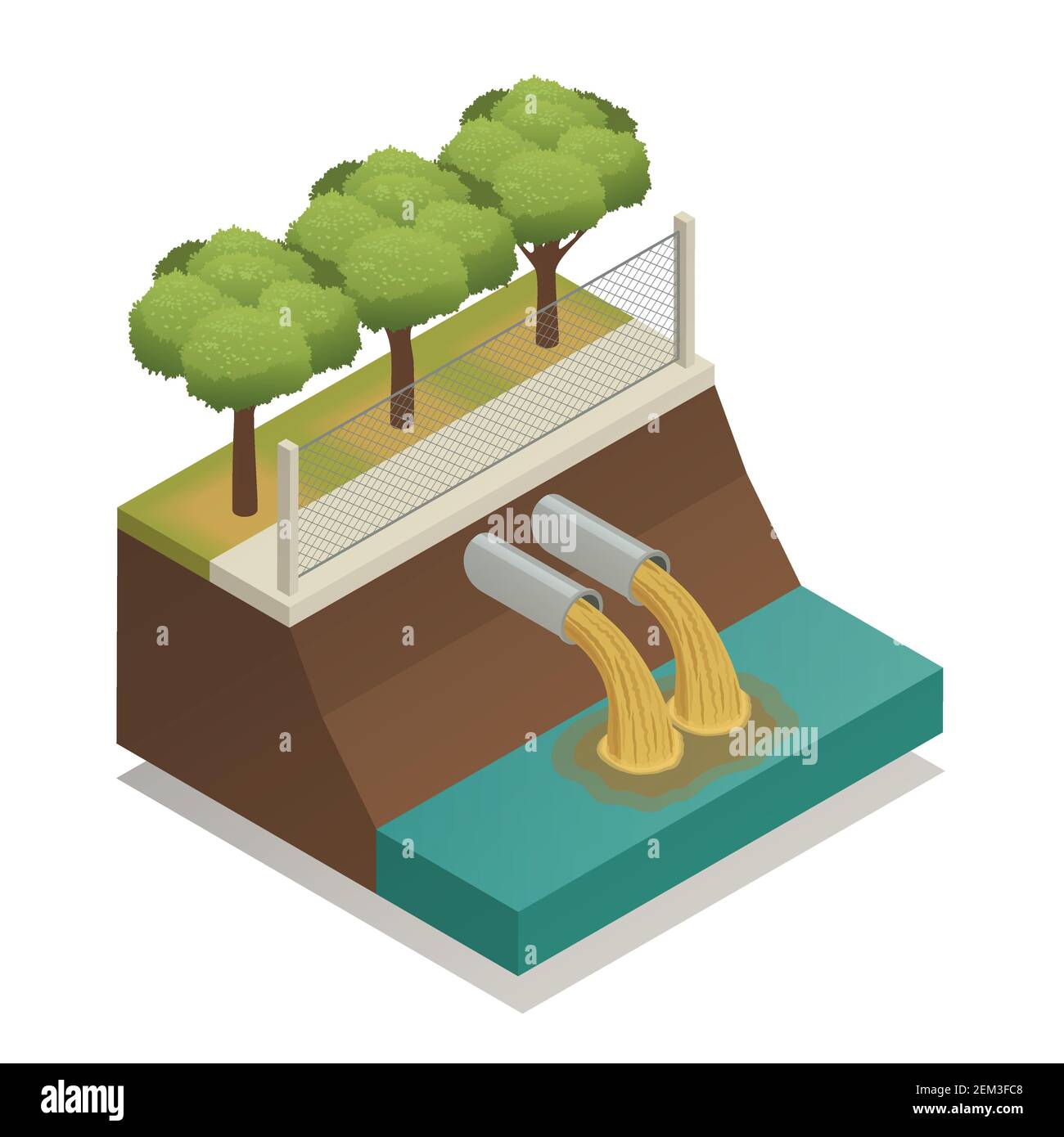 Trattamento delle acque reflue prima di scaricare al fiume ecologico amichevole soluzioni di inquinamento ambientale composizione isometrica illustrazione vettoriale Illustrazione Vettoriale