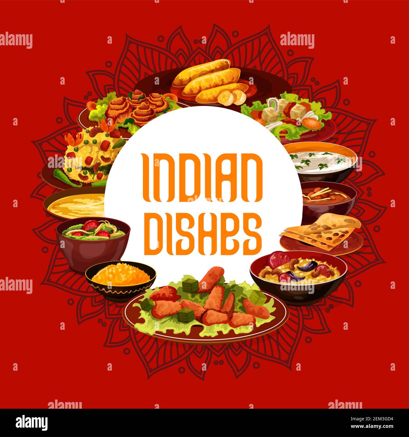 Piatti della cucina indiana, menu del ristorante indiano e copertina di un libro di ricette di cucina autentica. Vector piatti tradizionali indiani ortaggi, carni e riso, Illustrazione Vettoriale