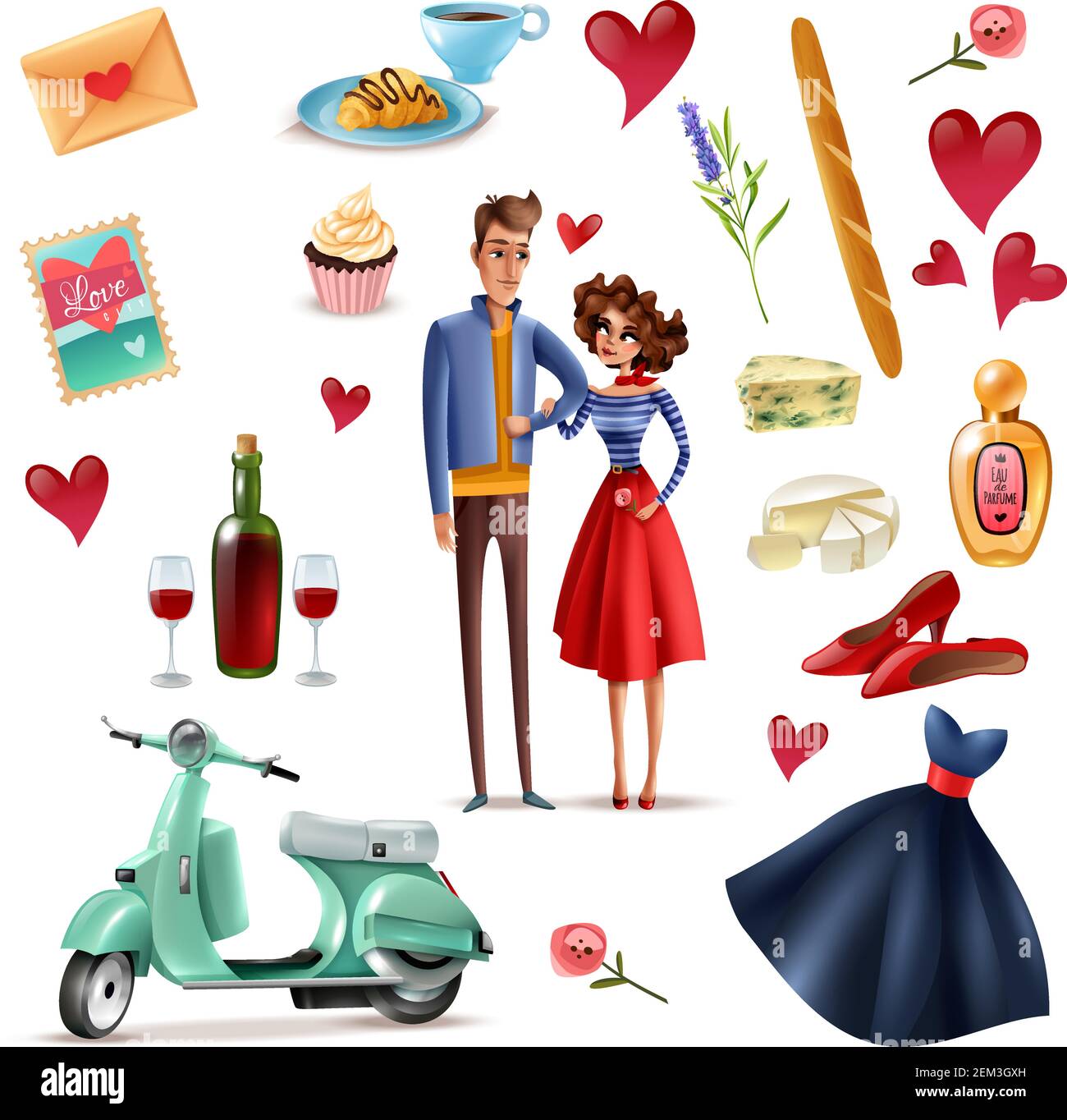 Francia e parigi cartone animato insieme con coppia in amore eiffel torre baguette formaggio con muffa bottiglia profumo isolato illustrazione vettoriale Illustrazione Vettoriale