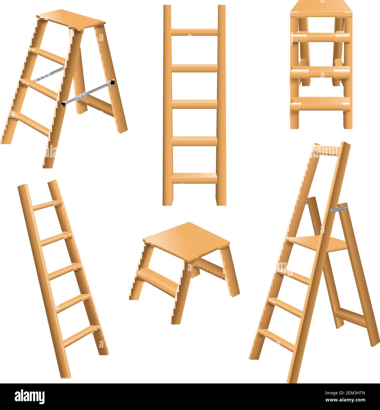 Scale in legno classiche polivalenti inclinate e in piedi 3D realistico raccolta con illustrazione vettoriale isolata dello sgabello Illustrazione Vettoriale