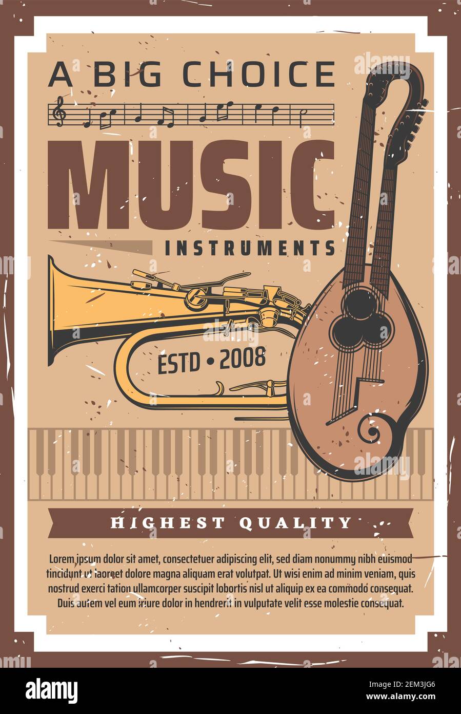 Negozio di strumenti musicali, poster retrò di apparecchiature audio e audio musicali professionali. Vector orchestra dal vivo, jazz band e strumenti di musica folk, pian Illustrazione Vettoriale