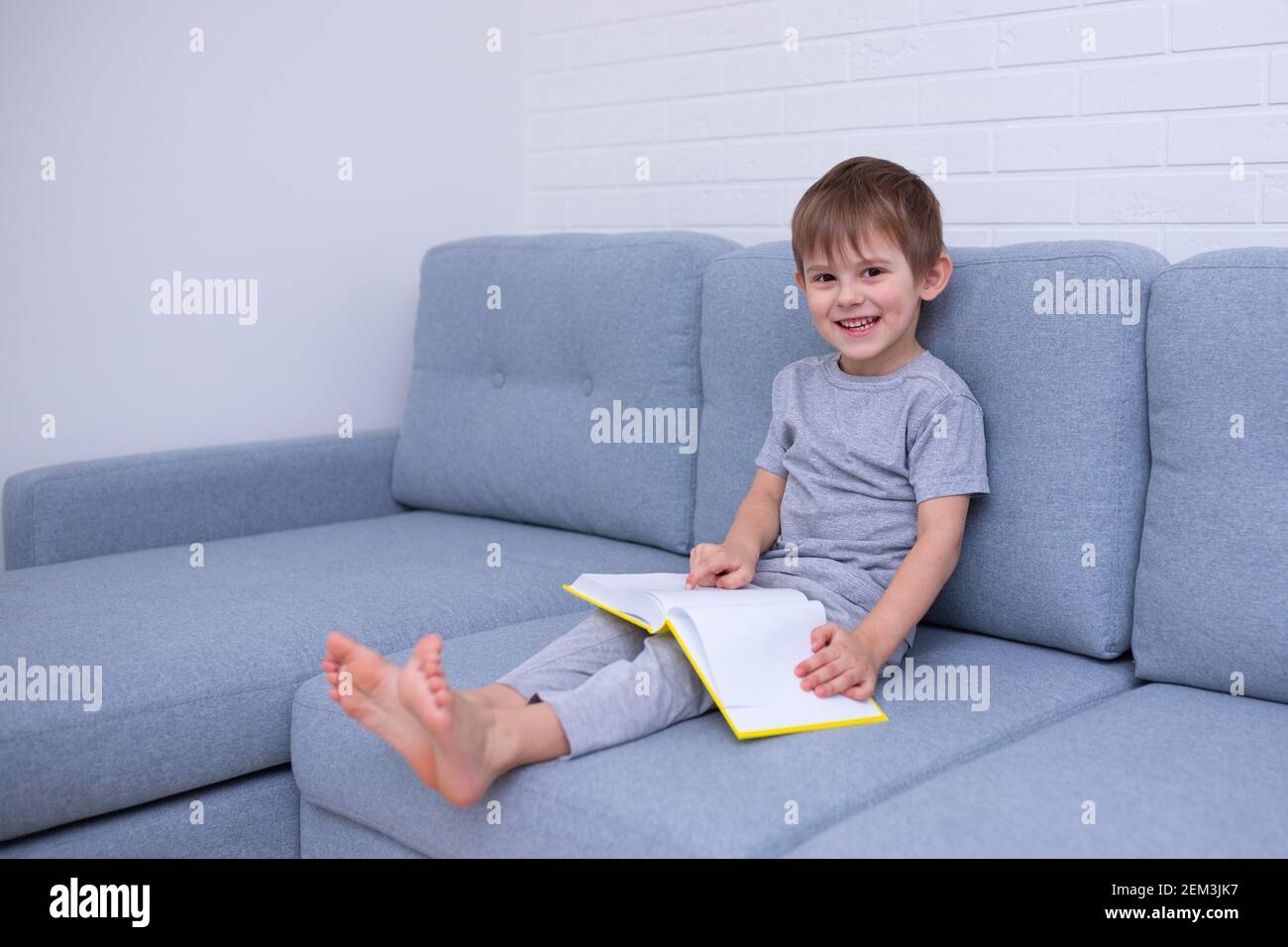 Ragazzo in abiti grigi seduto su un divano grigio e imparare a leggere un libro giallo. Amore per la lettura, tempo di famiglia. Autoisolamento, apprendimento a distanza Foto Stock