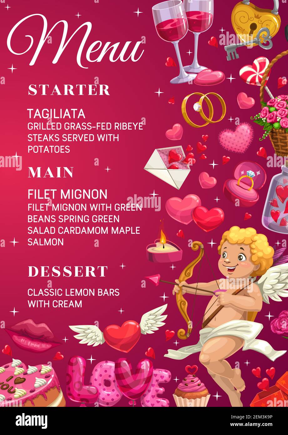 Modello di menu per matrimoni con antipasto, piatti principali e dessert e simboli dell'amore e del matrimonio. Elenco vettoriale di piatti e bicchieri di vino, cupido e lui Illustrazione Vettoriale