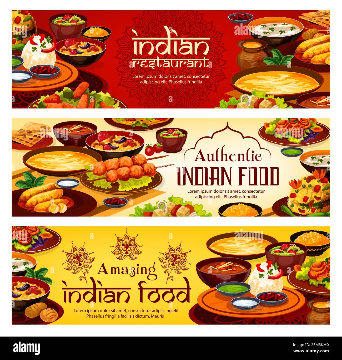 Menu' di ristoranti Indiani, striscioni di cucina tradizionale indiana. Vetector InIndian Meal banner, verdure vegetariane con riso al curry, carne e pesce con Illustrazione Vettoriale