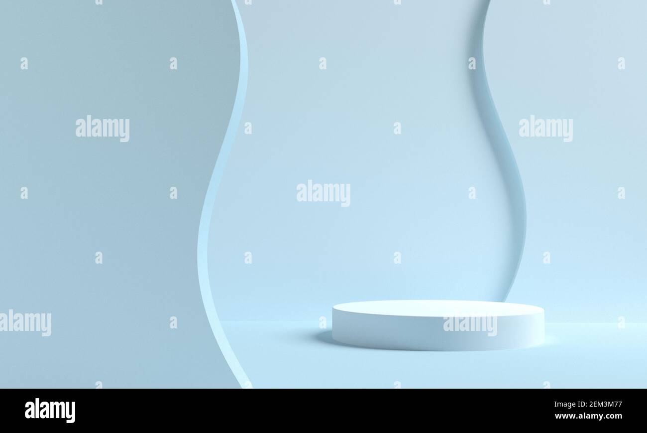 Scena minima con podio e sfondo astratto. Forma geometrica. Scena di colori pastello blu. rendering 3d Foto Stock