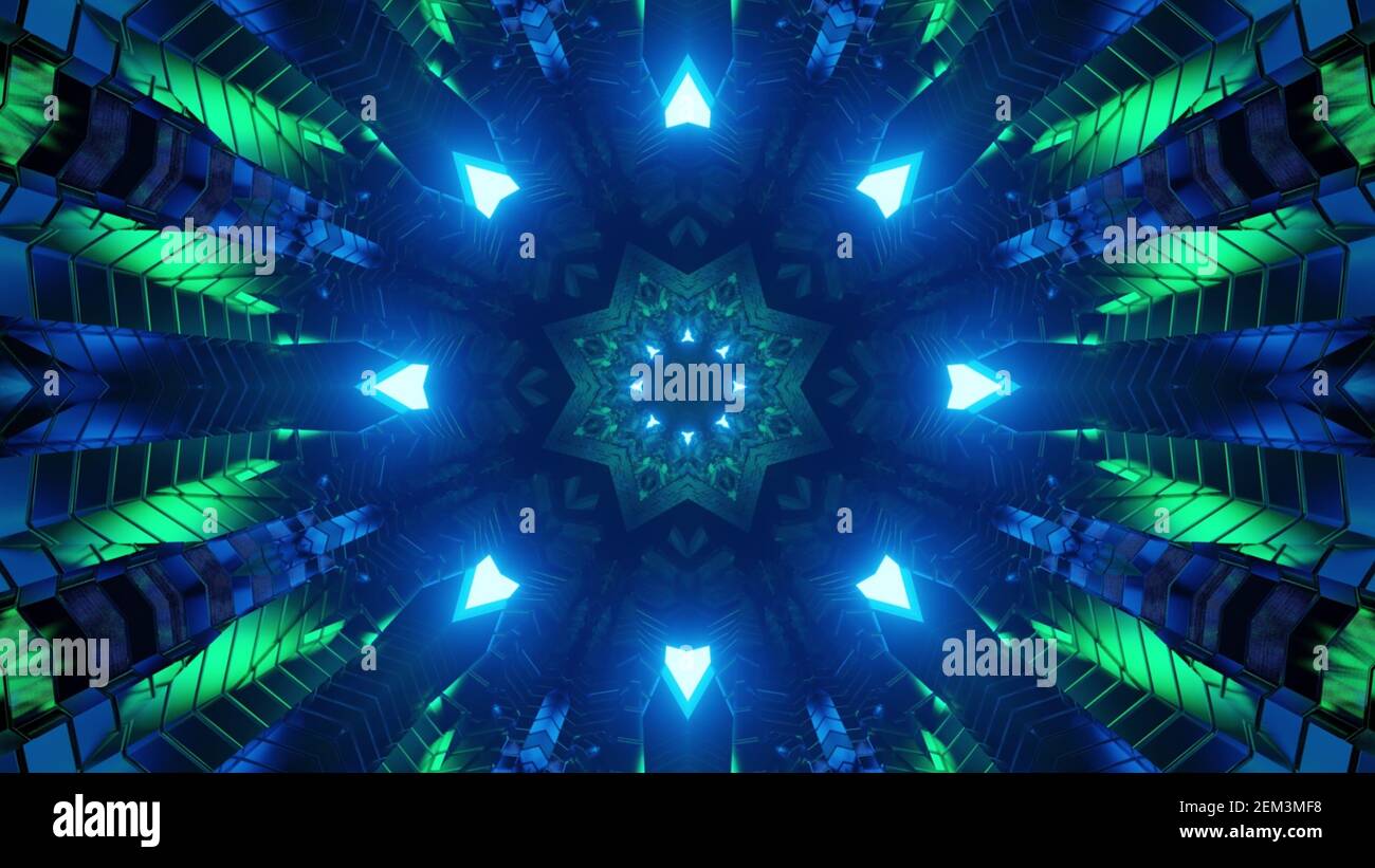Illustrazione 3D di ornamenti geometrici astratti con blu e verde illuminazione Foto Stock