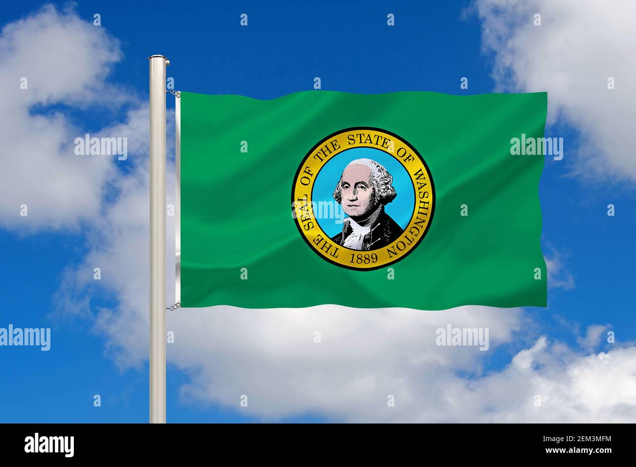 Bandiera di Washington contro il cielo blu nuvoloso, USA, Washington Foto Stock