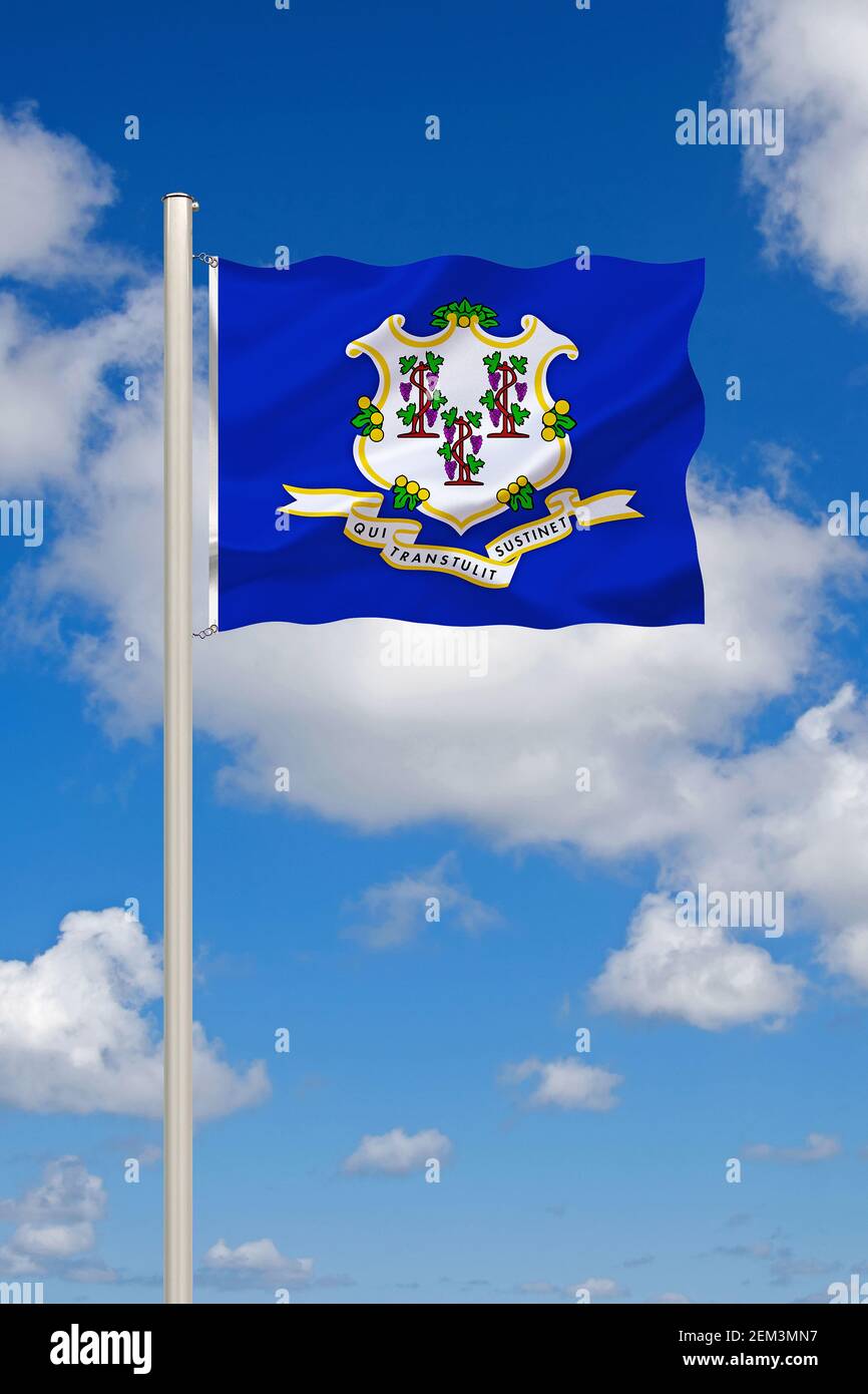 Bandiera del Connecticut contro il cielo blu nuvoloso, Stati Uniti, Connecticut Foto Stock