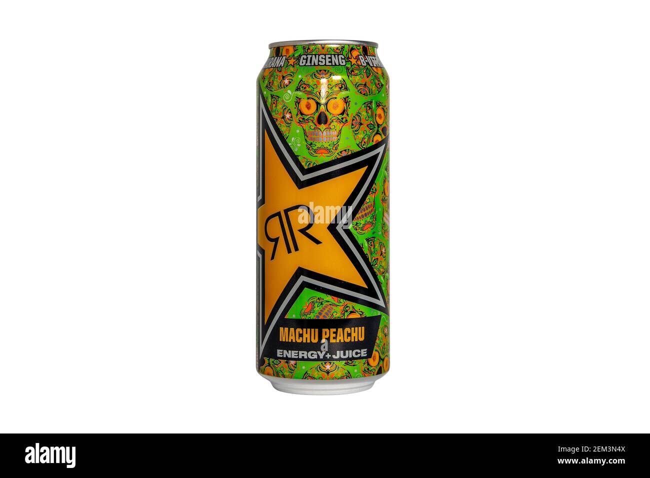 Lattina Green Rockstar Energy drink con gusto Machu Peachu Juice sapore su fondo bianco pulito isolato Foto Stock