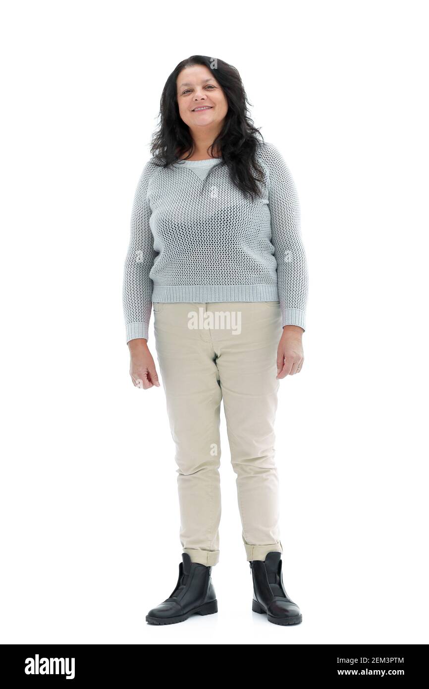 donna anziana di lunghezza intera in piena crescita con un sorriso Foto Stock