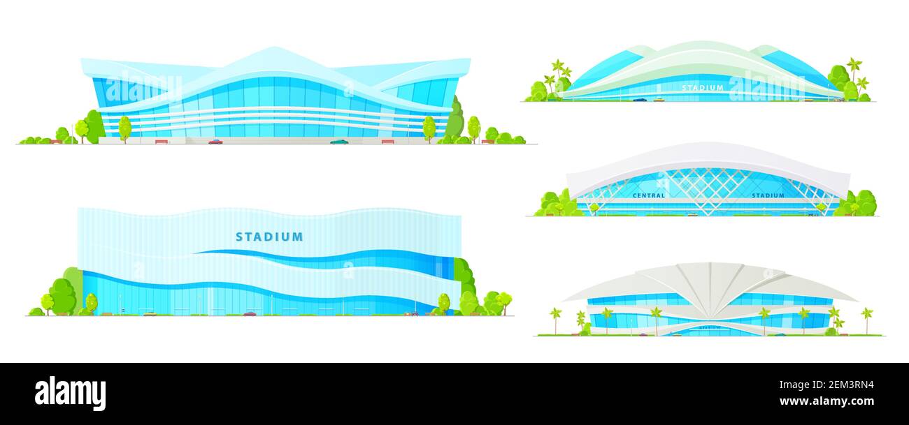 Icone della costruzione dello stadio con arene di sport vettoriali di calcio, calcio, pallacanestro, baseball e hockey su ghiaccio con campi da gioco, piste, piste atletiche e. Illustrazione Vettoriale