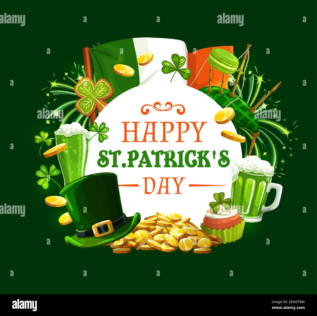 Cornice rotonda di Patricks con simboli di festa irlandese. Bandiera Vector Ireland, monete d'oro, fuochi d'artificio verdi e trifoglio shamrock, bagpipe e macaroon, cupc Illustrazione Vettoriale