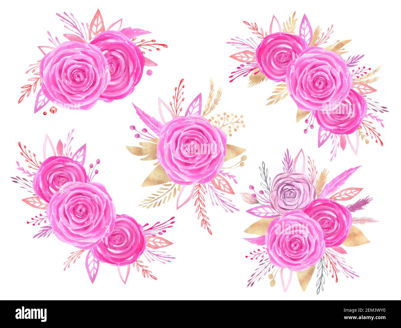 Acquerello arrangiamento floreale clipart. Collezione di bouquet di nozze di rose rosa dipinte a mano. San Valentino fiore amore composizione Foto Stock