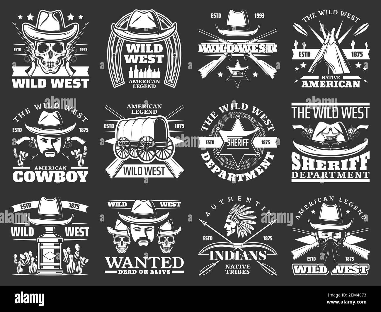 Icone vettoriali di cowboy, sceriffo e cranio selvatico occidentale con cappelli, pistole e banditi americani. Texas ranger star, nativo indiano capo e frecce, wigw Illustrazione Vettoriale